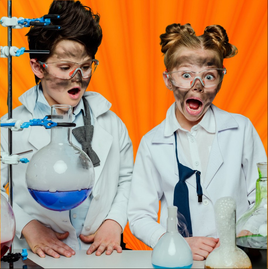 Two young scientists reacting to a chemistry experiment