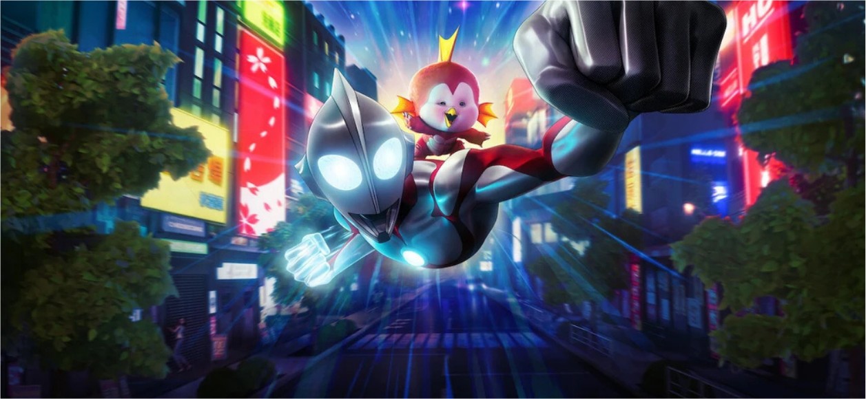 A modern Ultraman flying through the city with a small companion