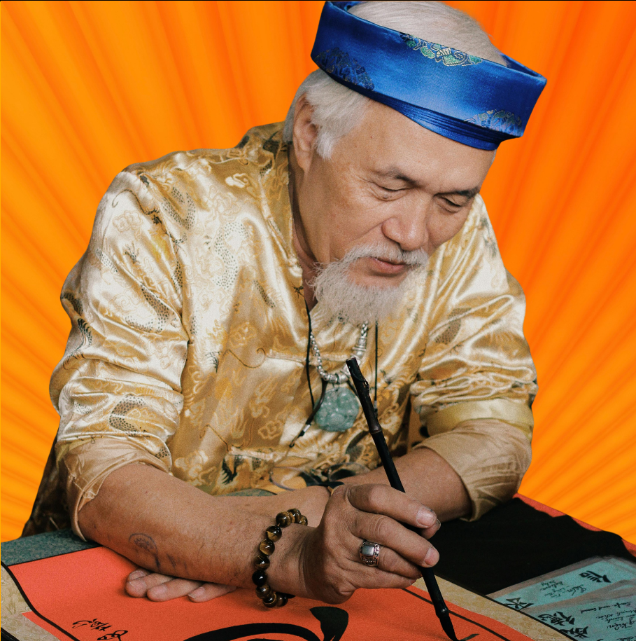 Japanese calligrapher writing with a brush